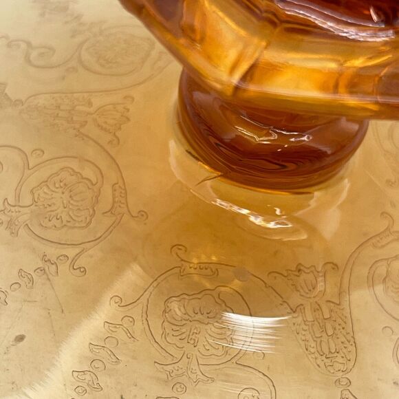 Vintage Amber Glass Candlestick Holders Etched Footed Candle Holder - Few Cracks - Picture 8 of 12
